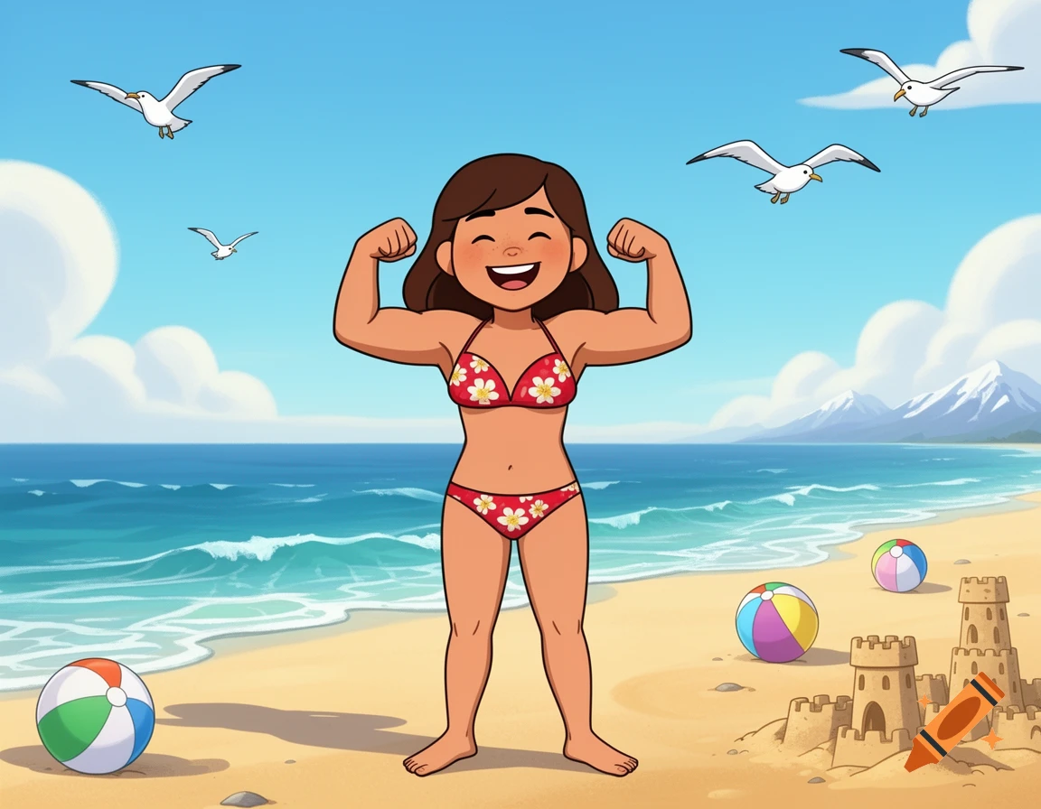A happy cartoon woman in a red floral bikini flexes her muscles on a sunny beach with sandcastles, beach balls, and seagulls.