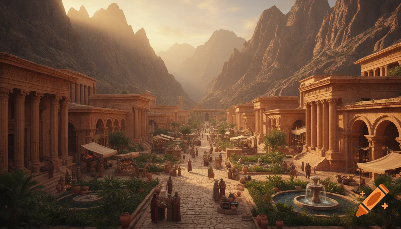 A grand ancient city with Roman-style buildings and bustling markets, nestled in a valley surrounded by majestic mountains under a warm sky.
