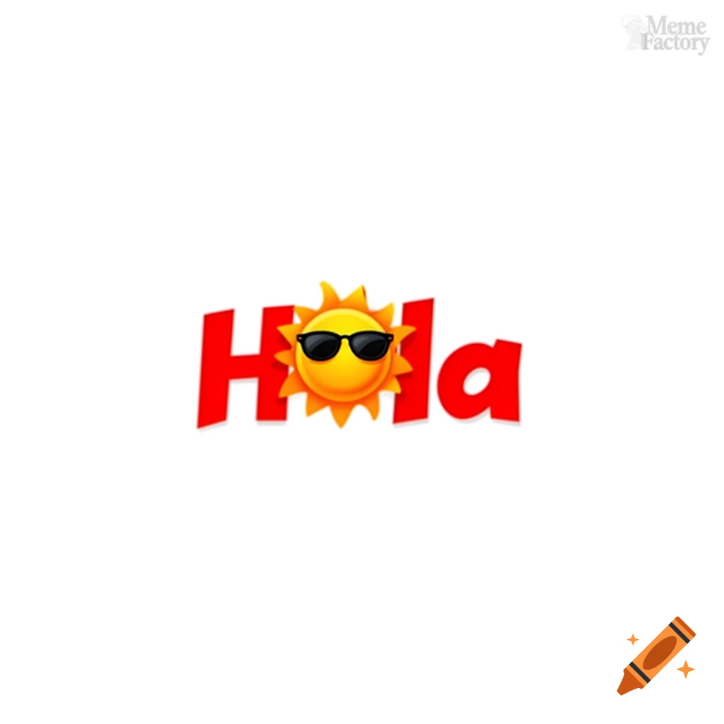 Red text spelling 'Hola' with a yellow sun emoji wearing sunglasses replacing the 'o' against a white background.