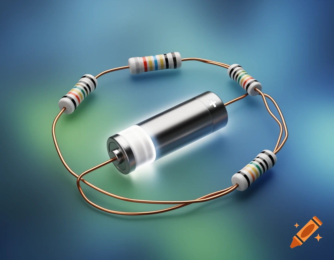 A photorealistic 3D rendering of a battery and three resistors connected by copper wires in a continuous electrical loop.