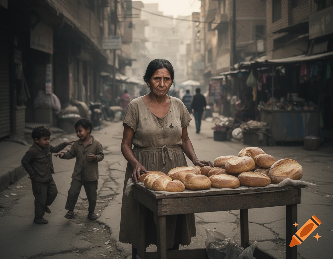 An older woman with a somber expression sells bread from a wooden table in a dusty street market, with two children in the background.