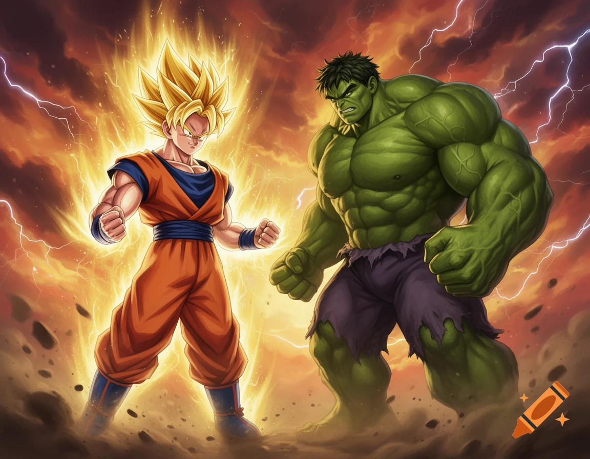 Super Saiyan Goku and the Hulk face off, surrounded by lightning and debris in a dynamic comic book art style.