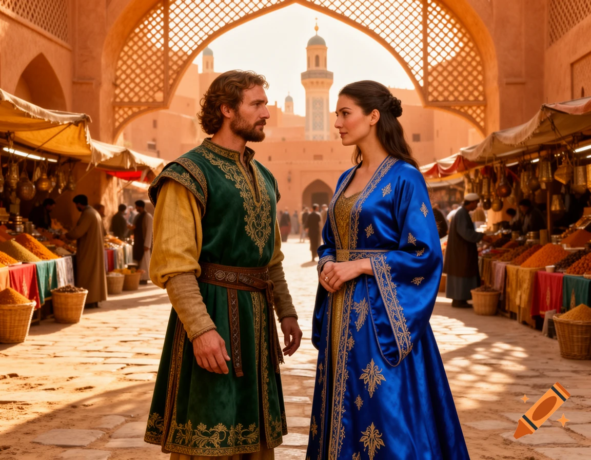 Man in green and gold tunic and woman in blue and gold dress stand in a sunlit Middle Eastern marketplace with stalls.