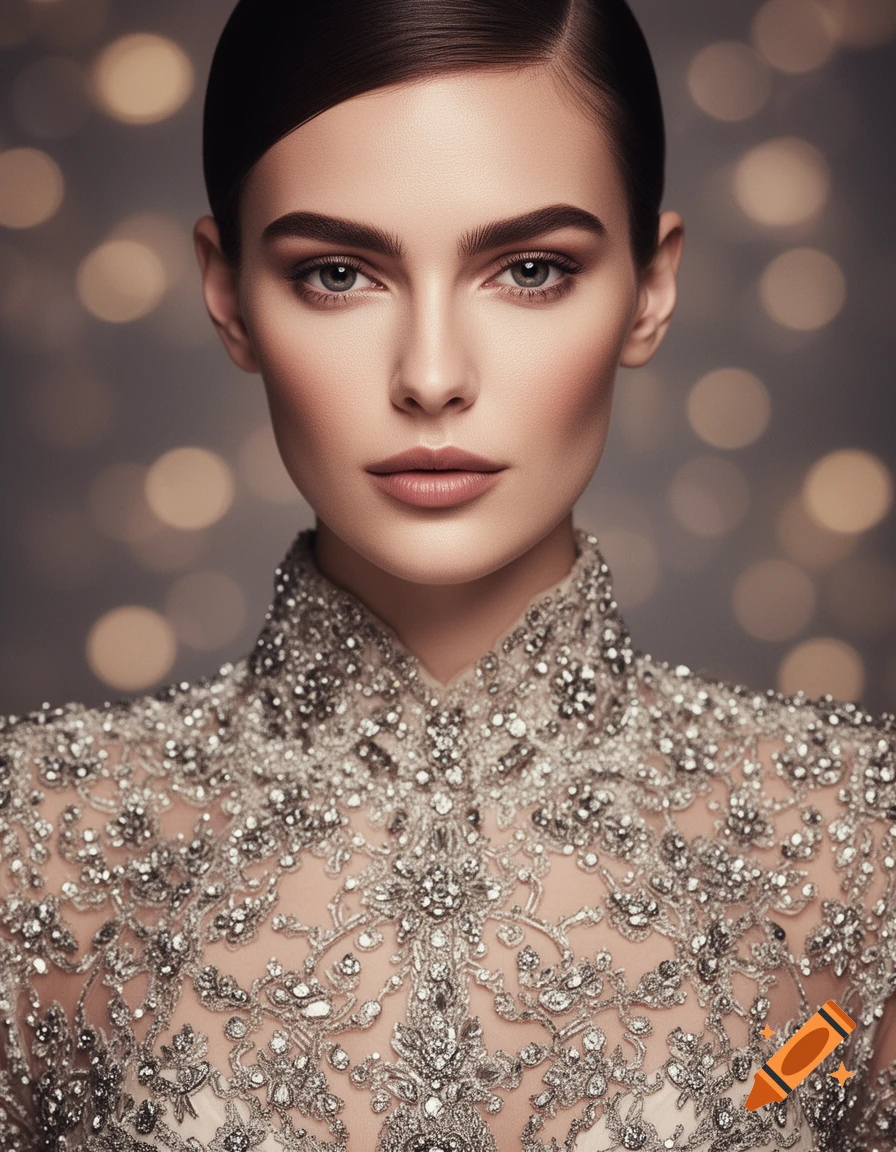 Close-up portrait of a woman with dark hair in a shimmering, high-collared, jeweled gown, against a blurred bokeh background.