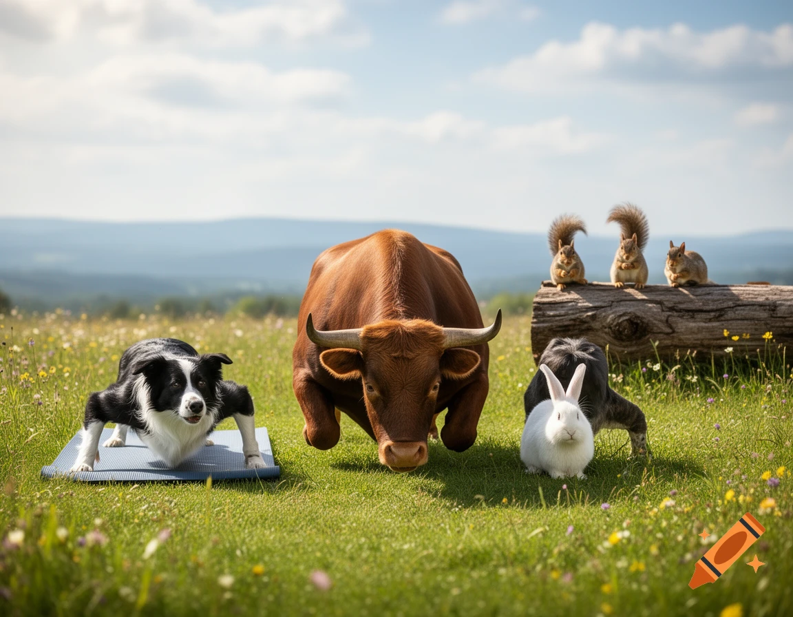 A Border Collie on a yoga mat and a bull in a grassy field mimicking push-ups, while a rabbit and three squirrels observe.