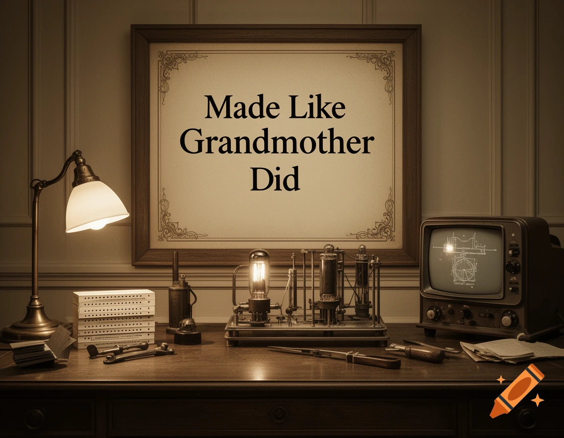 Sepia-toned vintage desk with a glowing lamp, old electronics, and a framed sign reading 'Made Like Grandmother Did'.