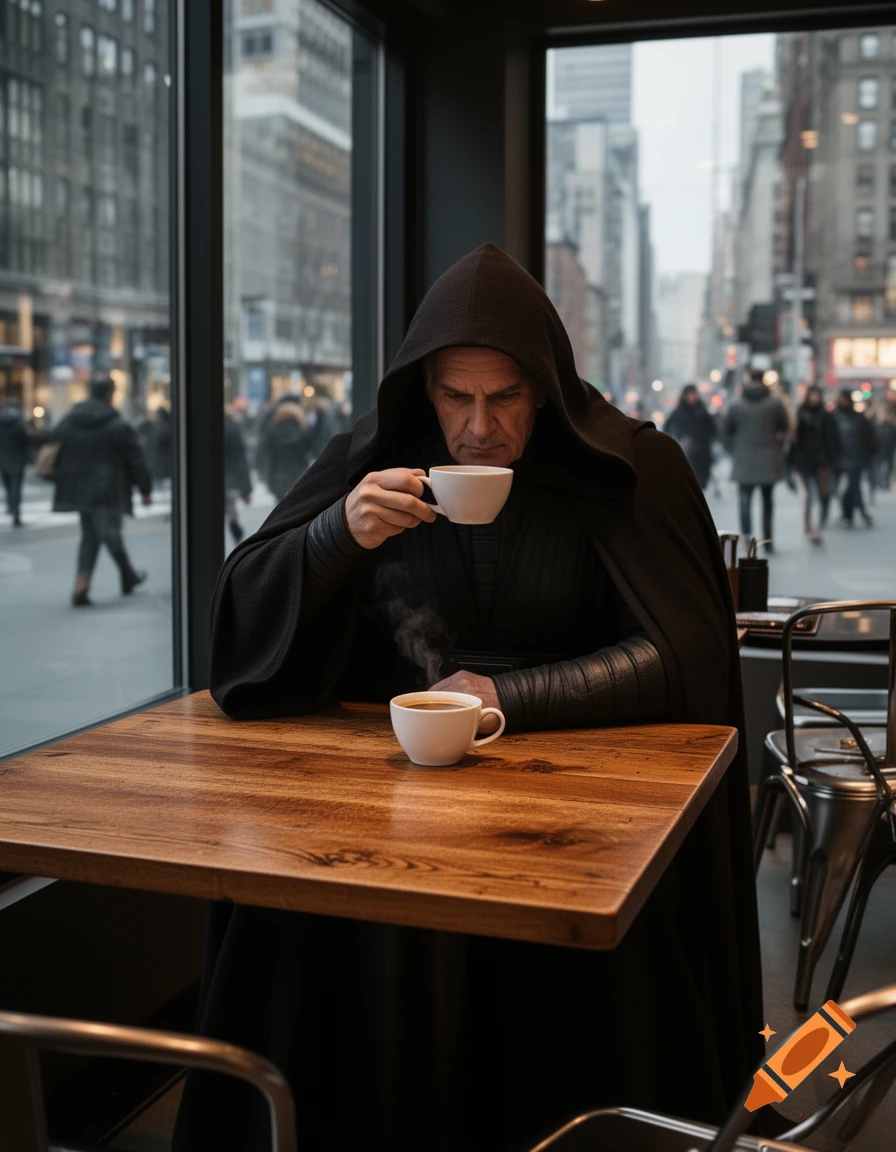 A man in a black hooded cloak sips coffee at a cafe table overlooking a city street.