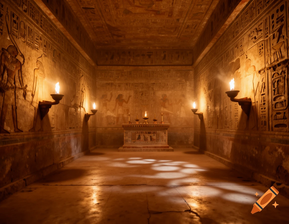 A dimly lit ancient Egyptian-style temple or tomb interior, with hieroglyph-covered walls and ceiling, illuminated by torchlight and candles reflecting on the floor.