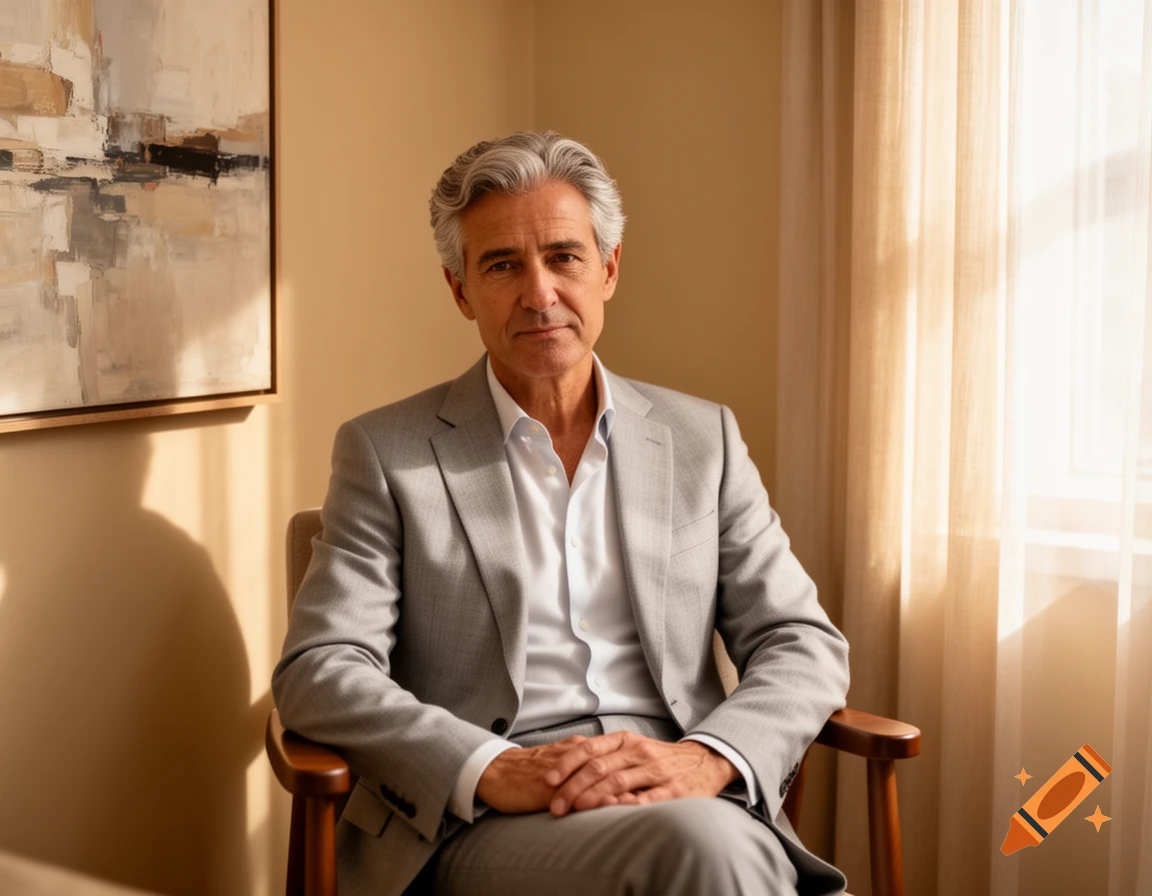 A photorealistic portrait of a distinguished older man with gray hair, wearing a light gray suit, sitting in a chair indoors.