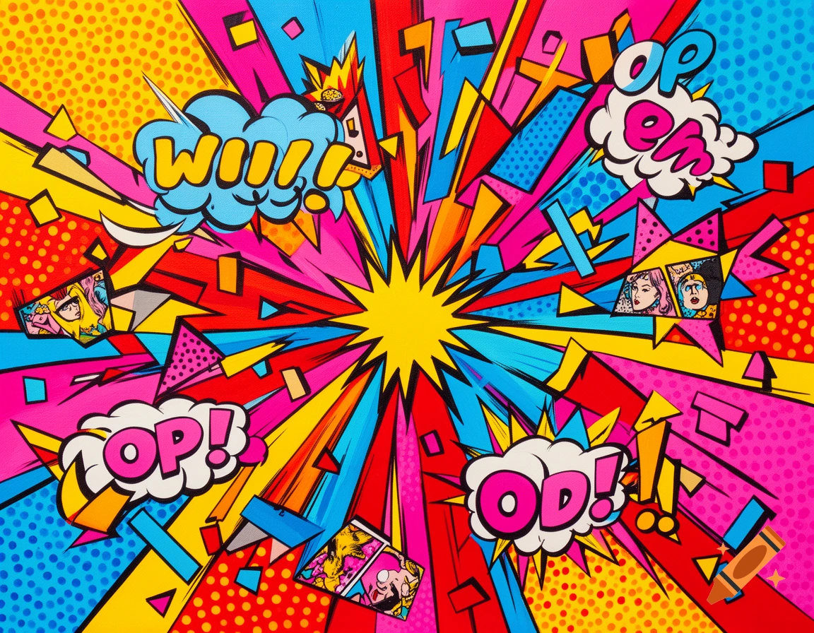 Vibrant pop art background with an explosion of bright colors, geometric shapes, halftone dots, and comic book speech bubbles.