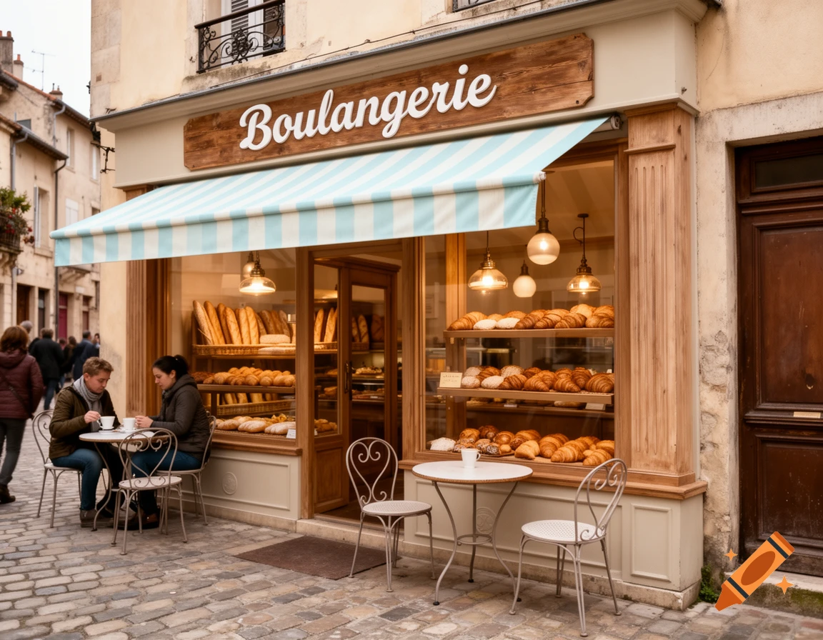 Photorealistic boulangerie with a striped awning, shelves of bread and pastries inside. Two people drink coffee at an outdoor table on a cobblestone street.