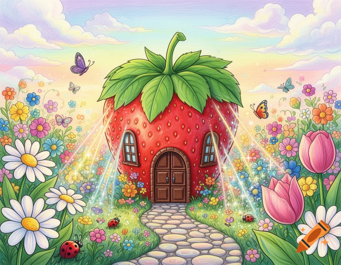 A vibrant drawing of a whimsical strawberry house surrounded by colorful flowers, butterflies, and ladybugs under a pastel sky.