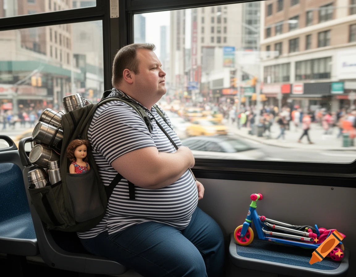 An overweight man wearing a striped shirt and jeans sits on a bus, looking out the window at a busy city street. He wears a backpack filled with thermoses and a doll. A child's scooter rests next to him.