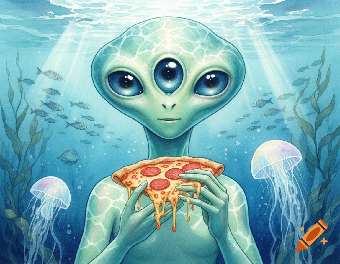 A green three-eyed alien in watercolor style is underwater, holding a pepperoni pizza with melting cheese. Fish and jellyfish swim around it.