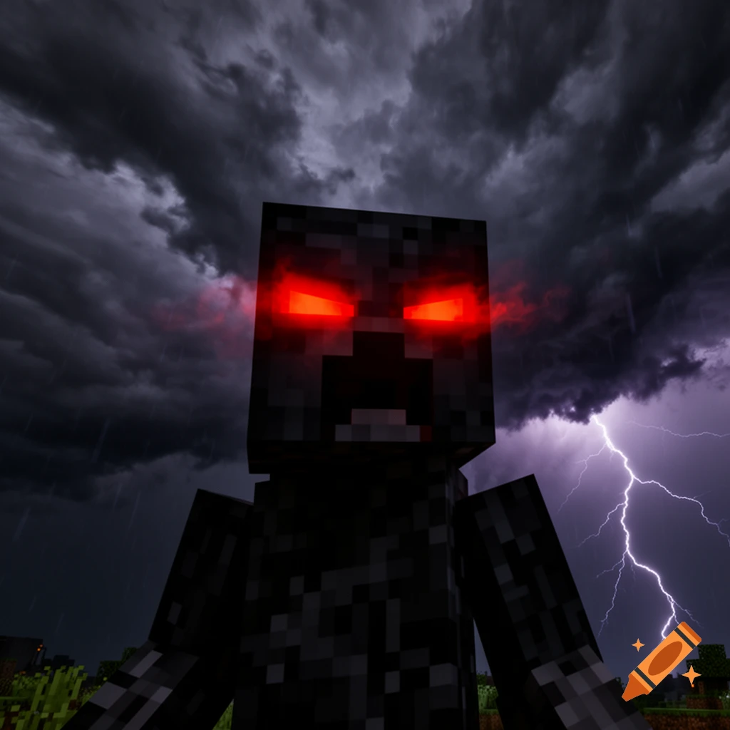 A dark, pixelated Minecraft creeper with glowing red eyes and mouth stands against a stormy sky with lightning.