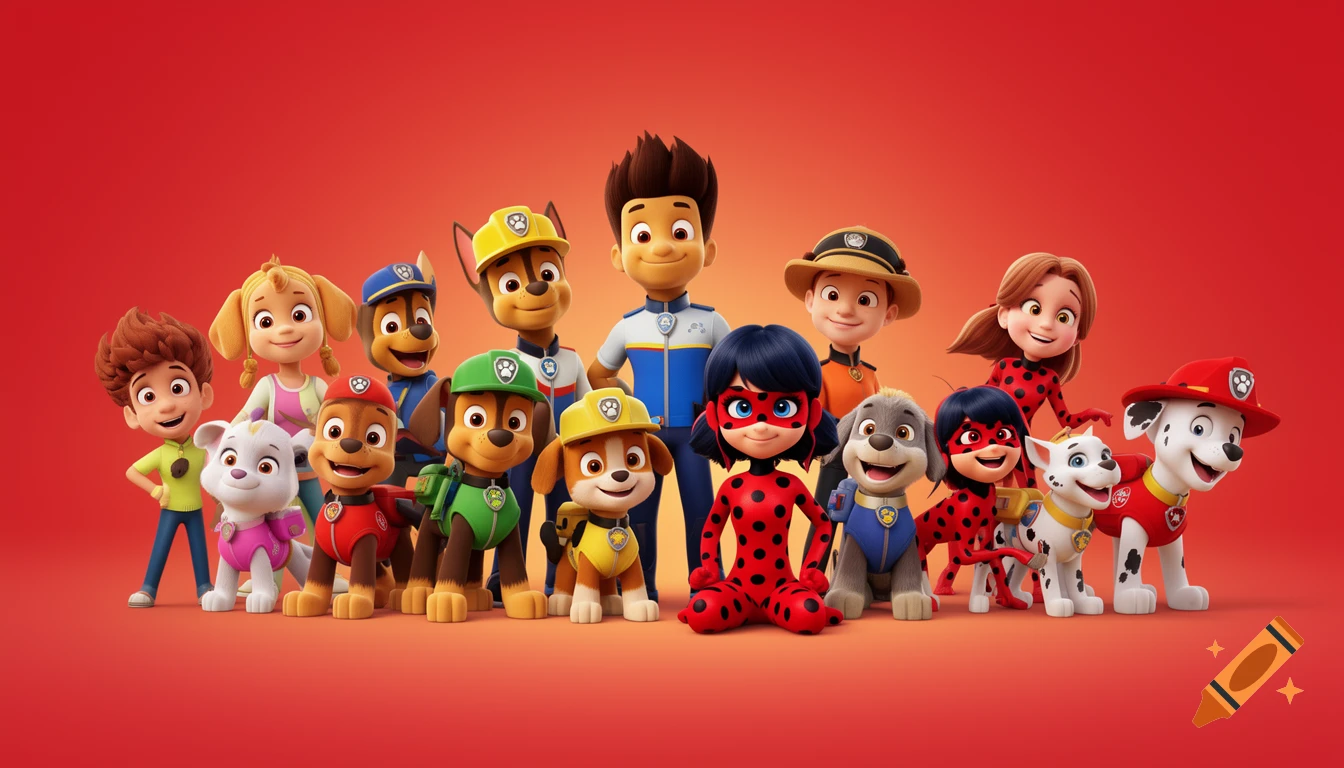 A 3D illustration of cartoon characters, including Paw Patrol pups, Ryder, and Ladybug, standing on a red background.