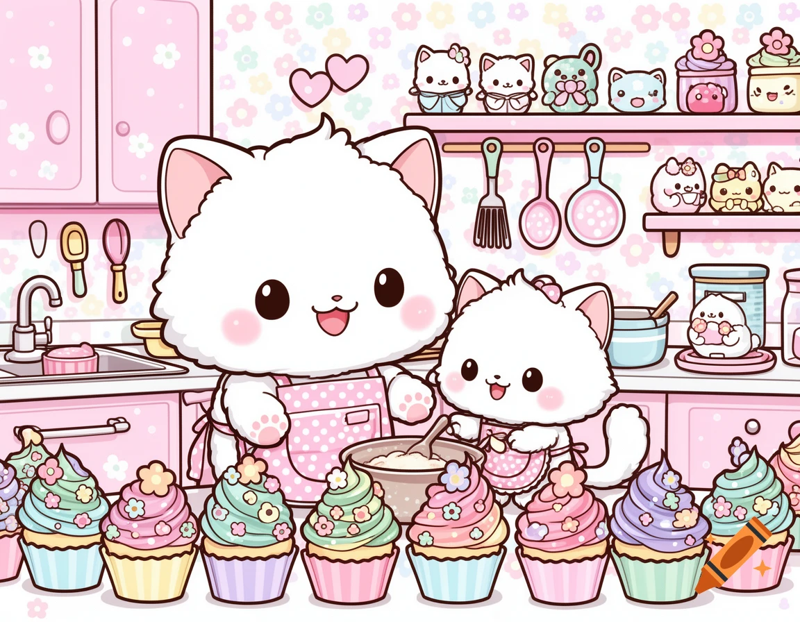 Chibi style white cats baking cupcakes in a pink kawaii kitchen filled with cute details and utensils.