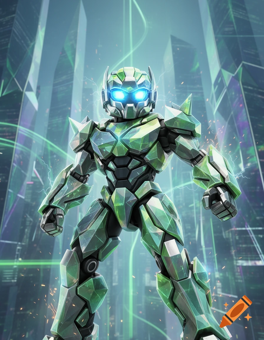 A low-angle shot of a green armored robot with glowing blue eyes, standing heroically in a futuristic city with green energy lines.