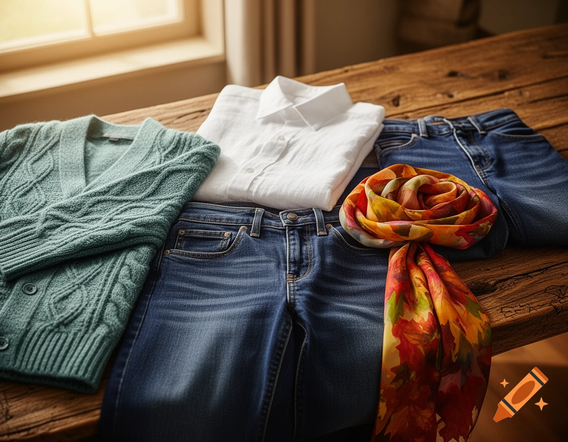 A teal cable-knit cardigan, white shirt, blue jeans, and a floral scarf neatly arranged on a rustic wooden table.