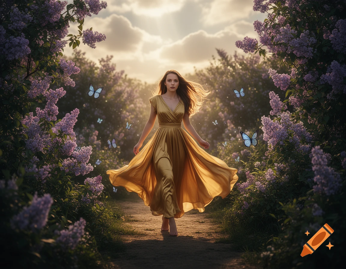 A photorealistic image of a young woman in a flowing golden dress ...