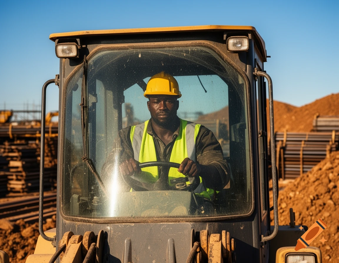 A Black construction worker in a yellow hard hat and safety vest drives a heavy vehicle at a dusty construction site.