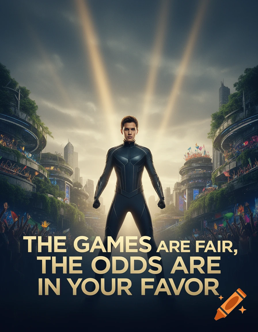 A person in a dark futuristic suit stands in a spotlight within a stadium. Text: 'THE GAMES ARE FAIR, THE ODDS ARE IN YOUR FAVOR'.