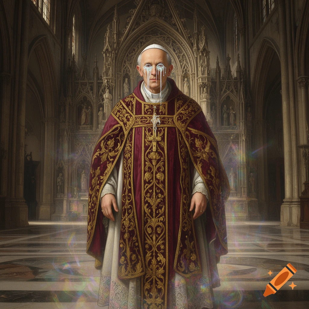 A surreal painting of a Pope-like figure in ornate robes with white liquid streaming from his eyes, standing in a gothic cathedral, with rainbow light.