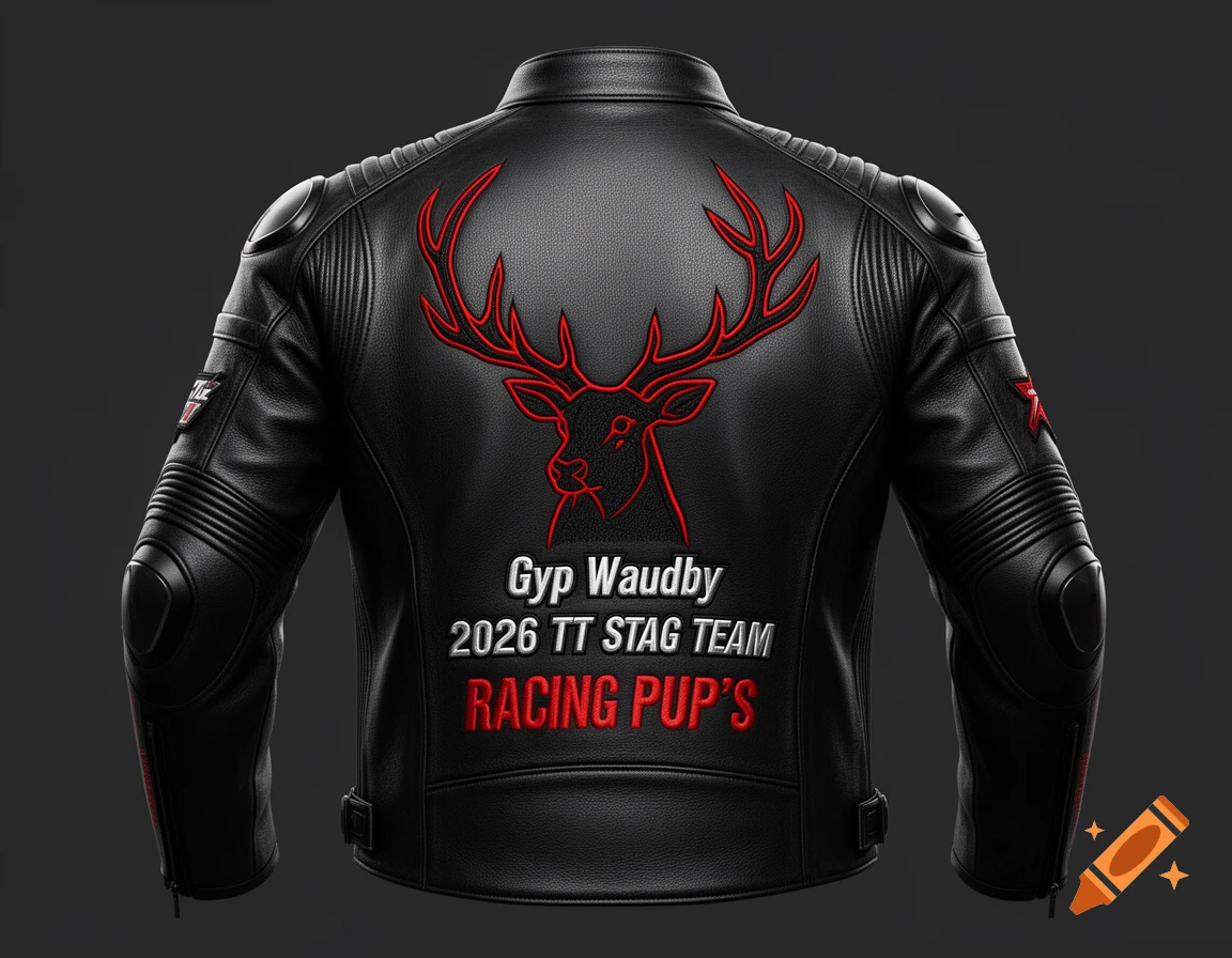 Black leather motorcycle jacket with a red stag head design and white and red text on the back.