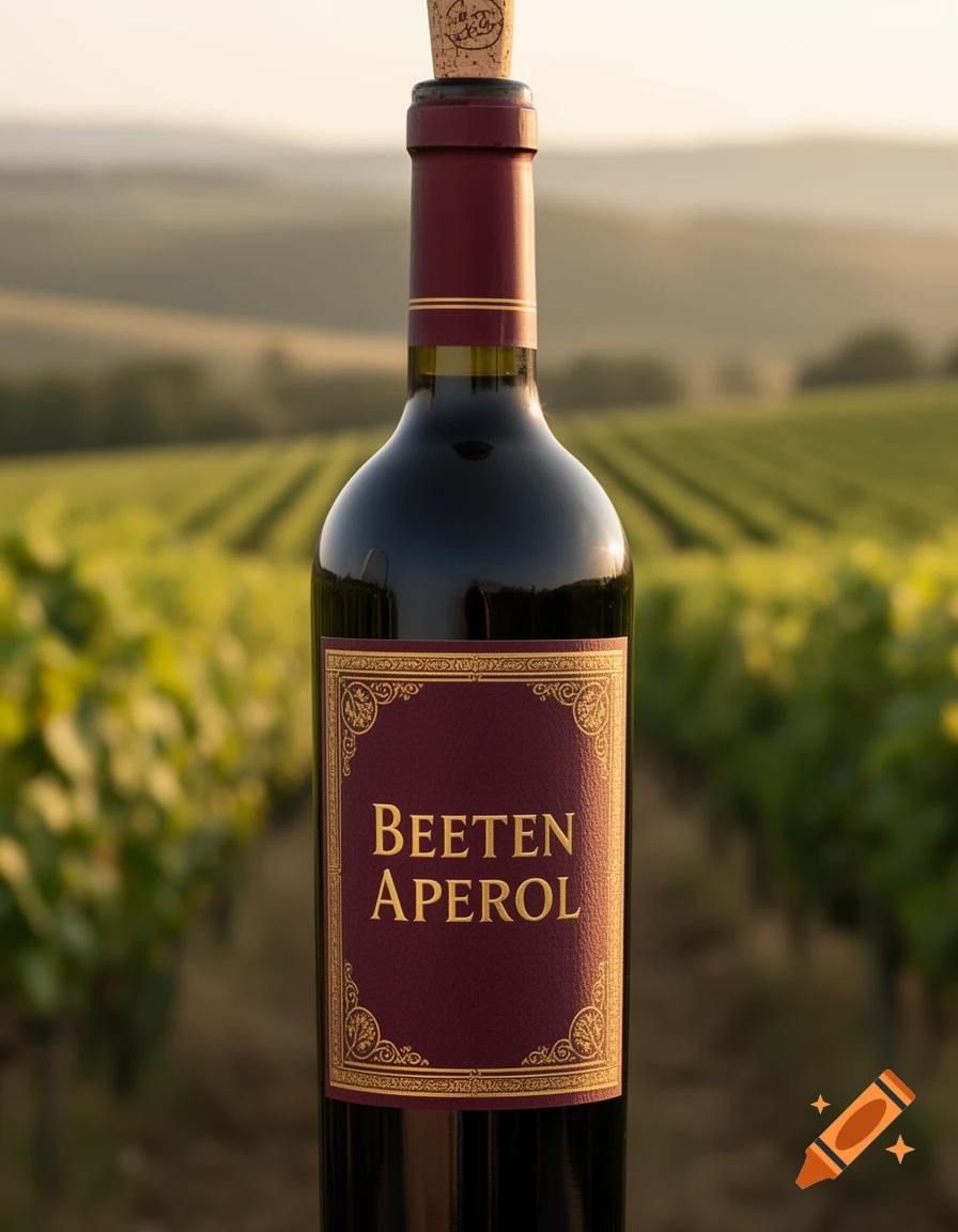 A photorealistic close-up of a wine bottle with a 'Beeten Aperol' label, standing in a sunny vineyard.