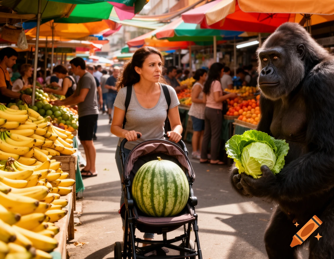 A woman pushes a stroller with a watermelon through a busy, sunlit fruit market. A large gorilla holding a cabbage looks on with bewilderment.