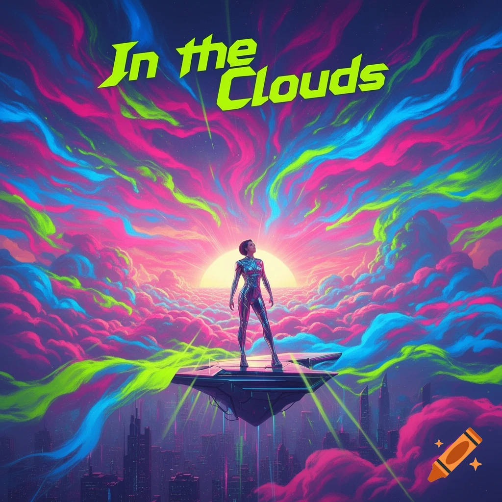 Futuristic figure on a floating platform above a neon city, gazing at a vibrant, multi-colored sky. Text 'In the Clouds'.