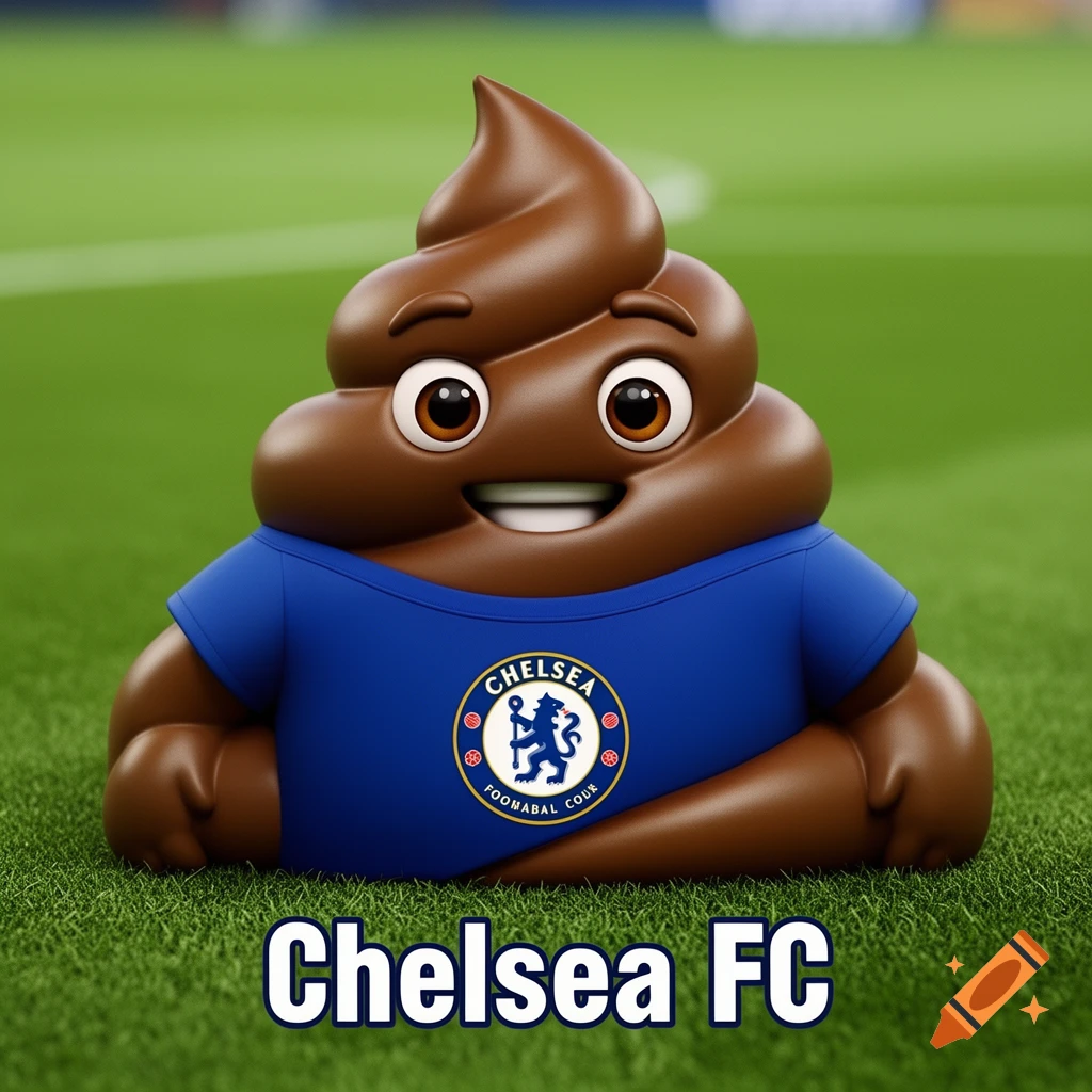 A 3D cartoon poop emoji in a blue Chelsea FC shirt smiles on a green soccer field with "Chelsea FC" text.