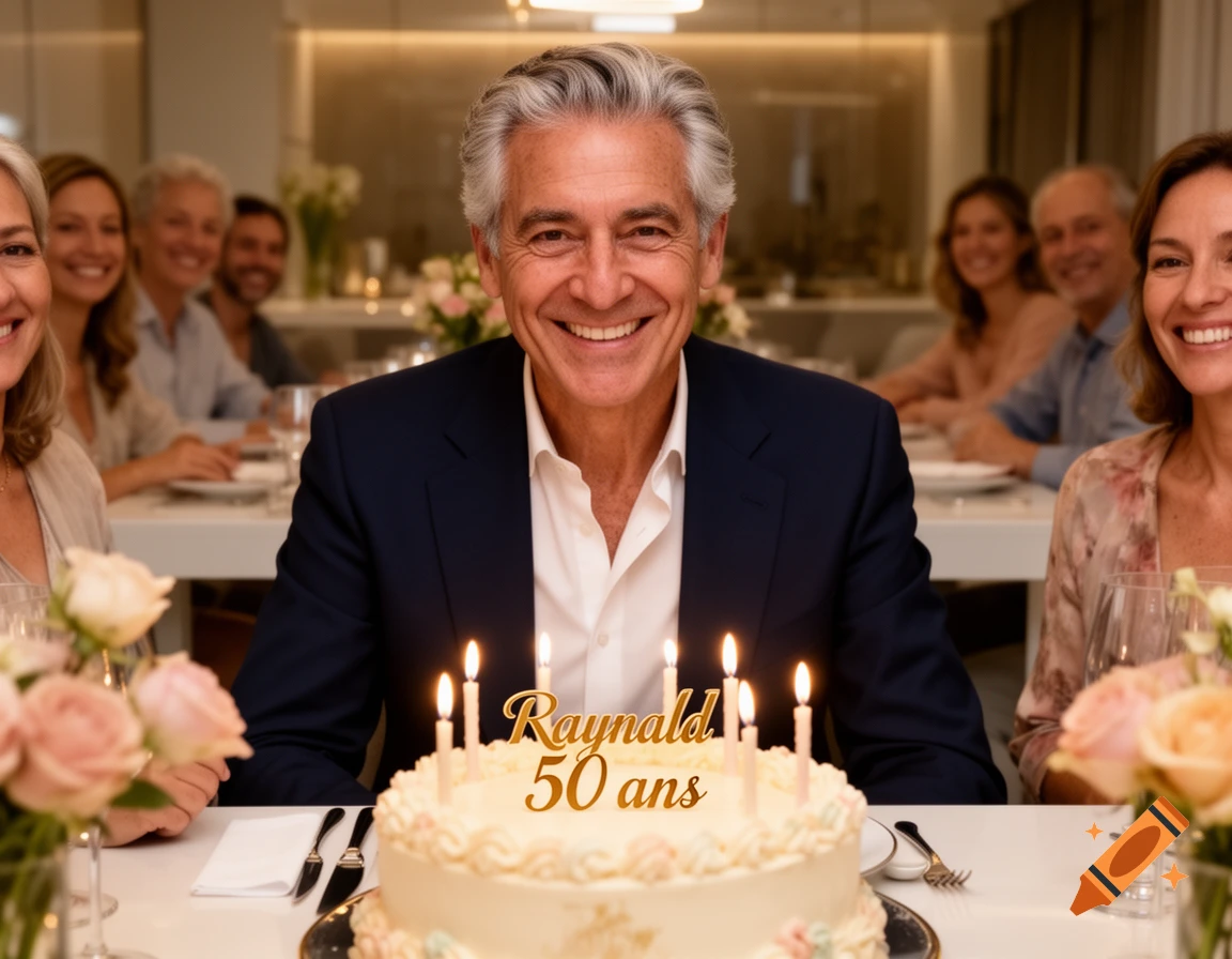 A smiling man celebrating his 50th birthday at a dinner table with a cake inscribed 'Raynald 50 ans' and guests.