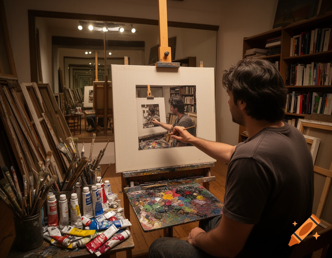 An artist in a studio paints a canvas, which shows an image of himself painting, creating a recursive droste effect.