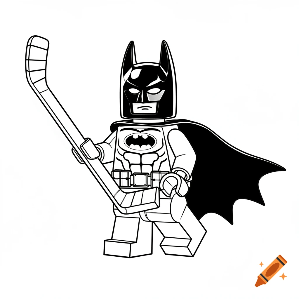 A black and white outline drawing of a LEGO Batman minifigure holding a hockey stick, in a coloring book style.