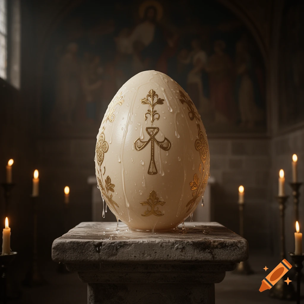 A large, white egg with golden crosses and weeping water drops on a stone pedestal in a dimly lit church with lit candles.