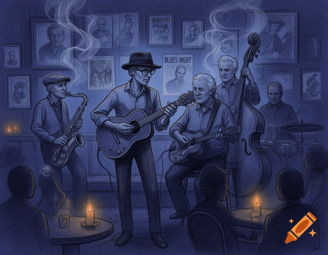 A moody, blue-toned sketch shows a five-piece blues band playing in a smokey lounge, with audience silhouettes and candlelight.