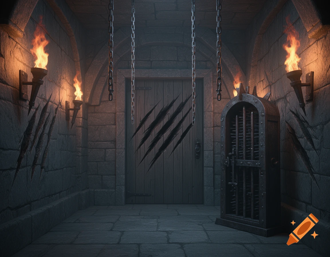 Dimly lit fantasy dungeon with stone walls, flaming torches, hanging chains, a wooden door with claw marks, and an iron maiden.