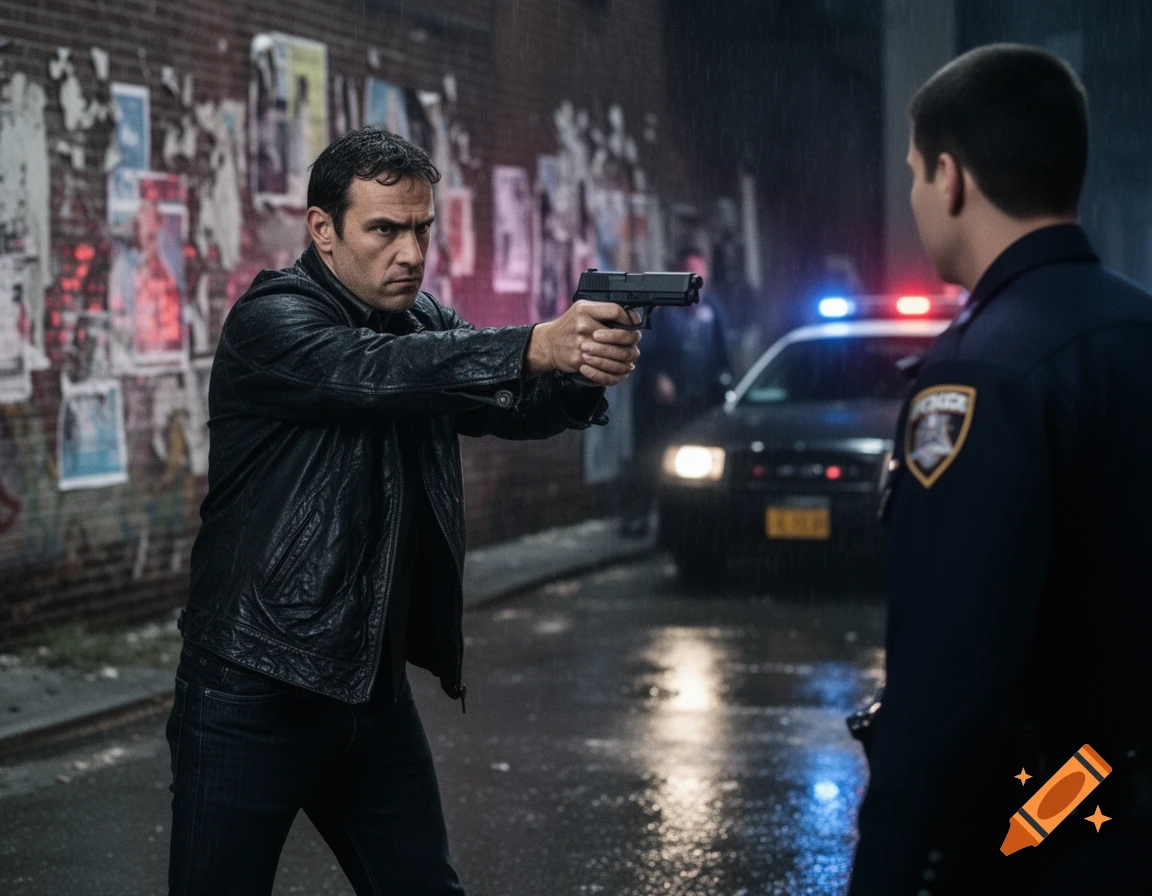 A man in a leather jacket aims a handgun at a police officer on a rainy street at night, with a patrol car in the background.