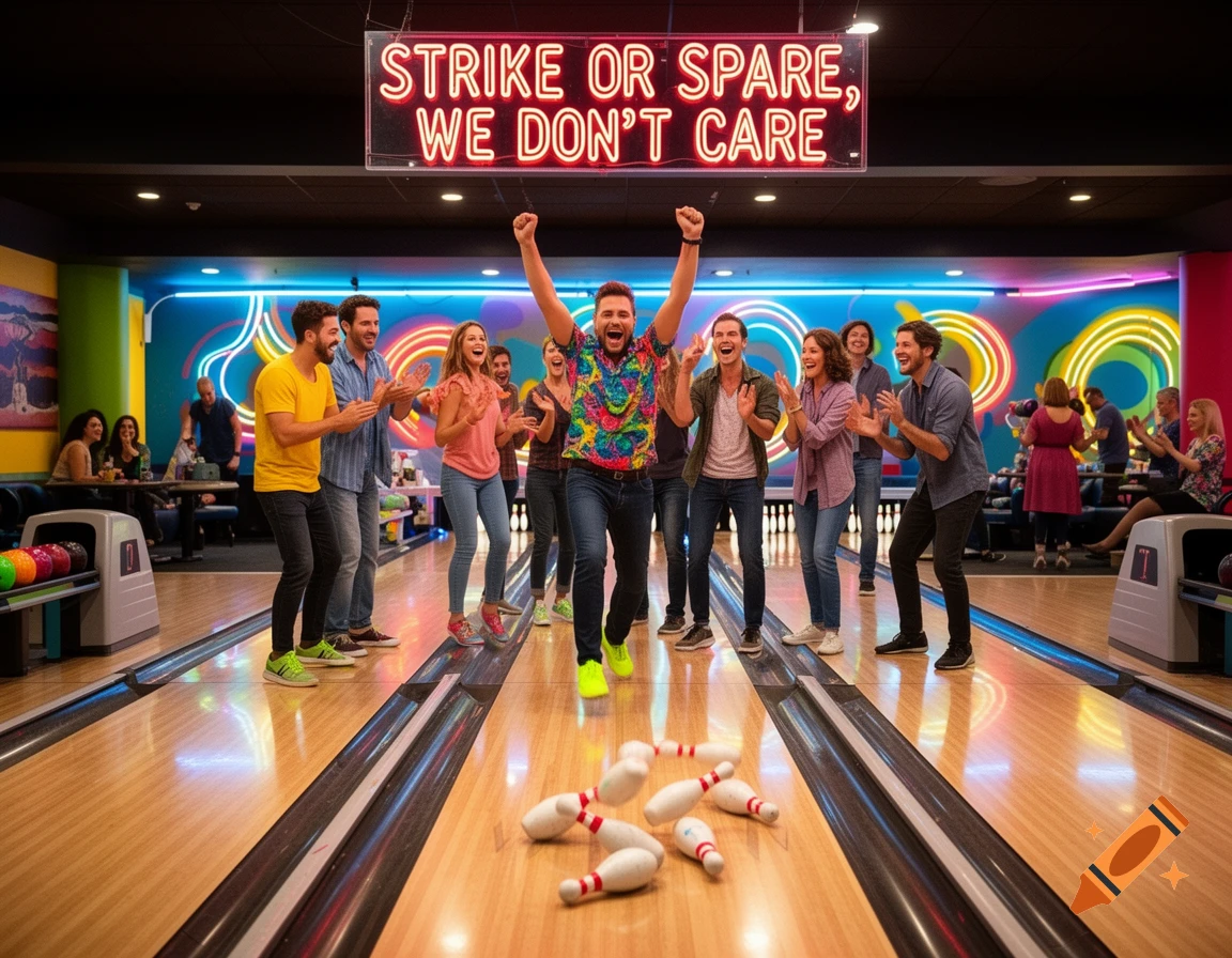 Excited friends celebrate a bowling strike in a vibrant alley, with pins scattered on the lane and a neon sign.