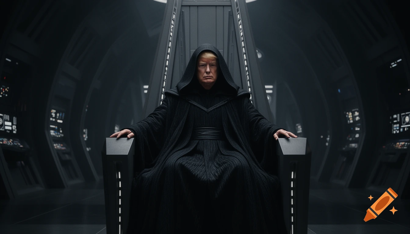 Donald Trump as Emperor Palpatine in heavy black robes sits on a dark futuristic throne in a cinematic, high-detail scene.