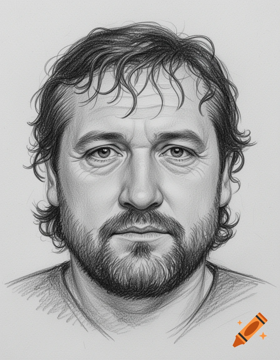Pencil sketch of a man with wavy dark hair, a short beard, and a serious expression.