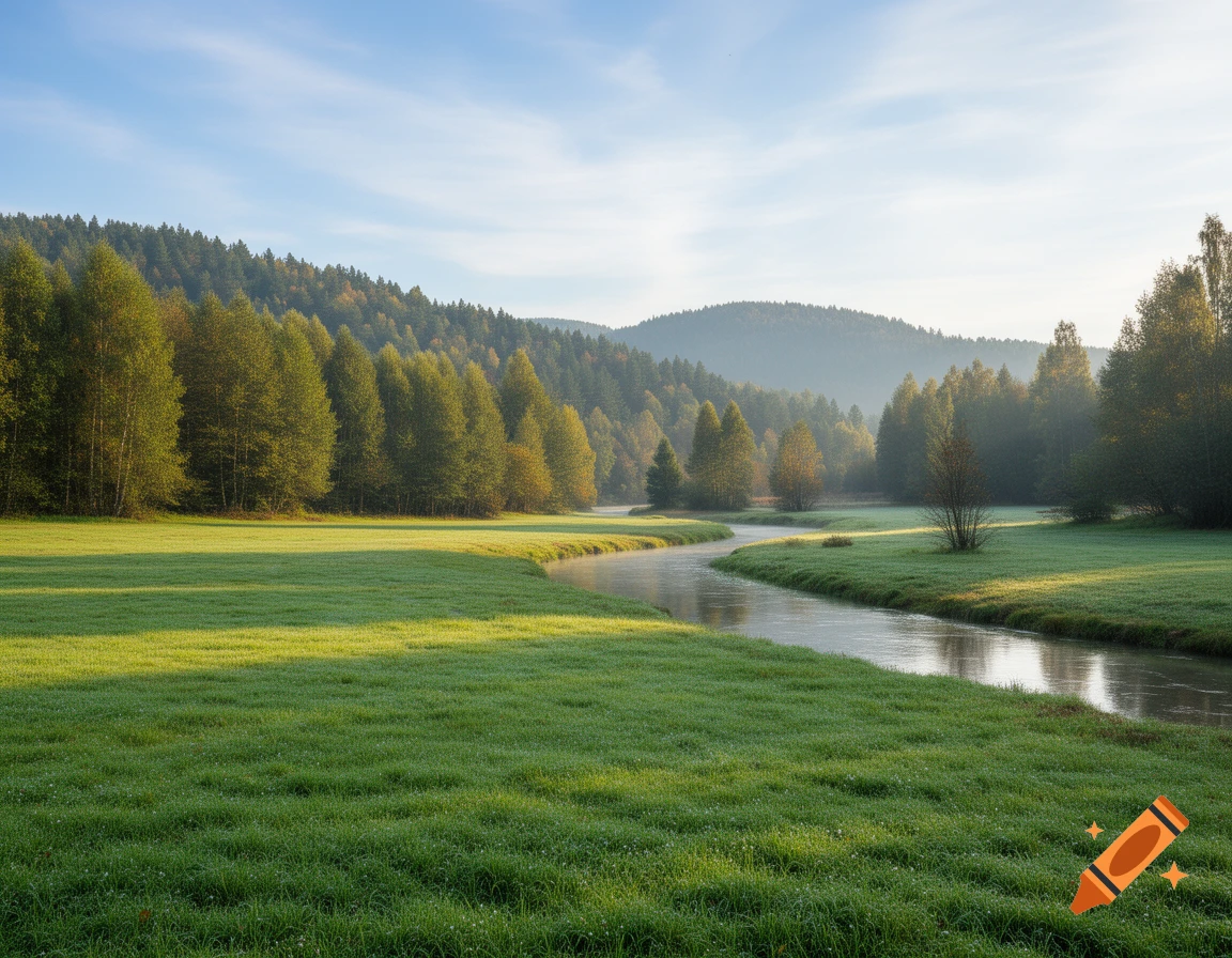 A winding river flows through a sunlit green meadow bordered by a thick ...