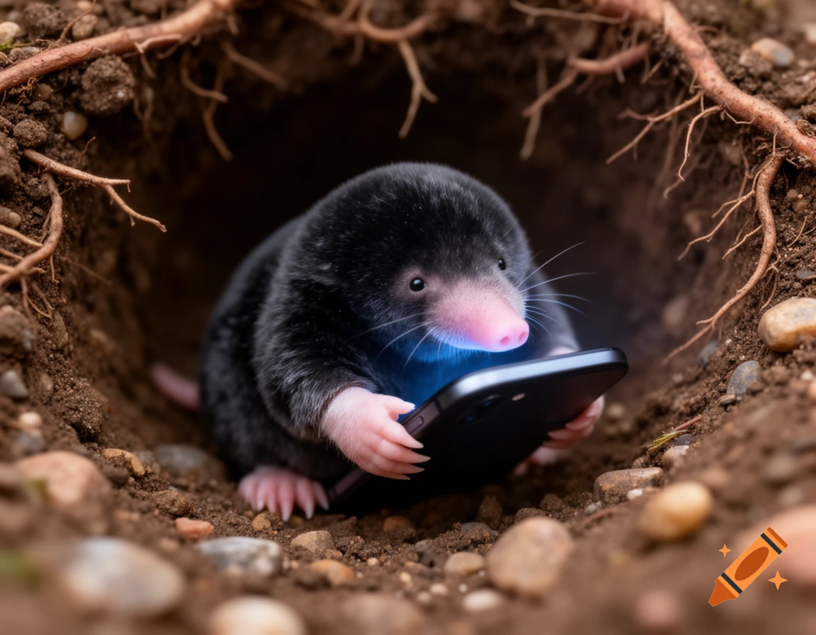 A fluffy black mole with a pink snout sits in a dirt burrow, holding a glowing smartphone and looking at its screen.