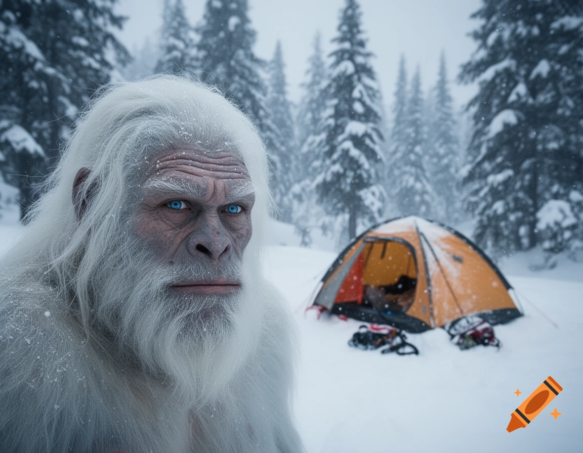 A photorealistic close-up of a white-furred Yeti with blue eyes and gray skin, looking forward in a snowy forest with an orange tent in the background.
