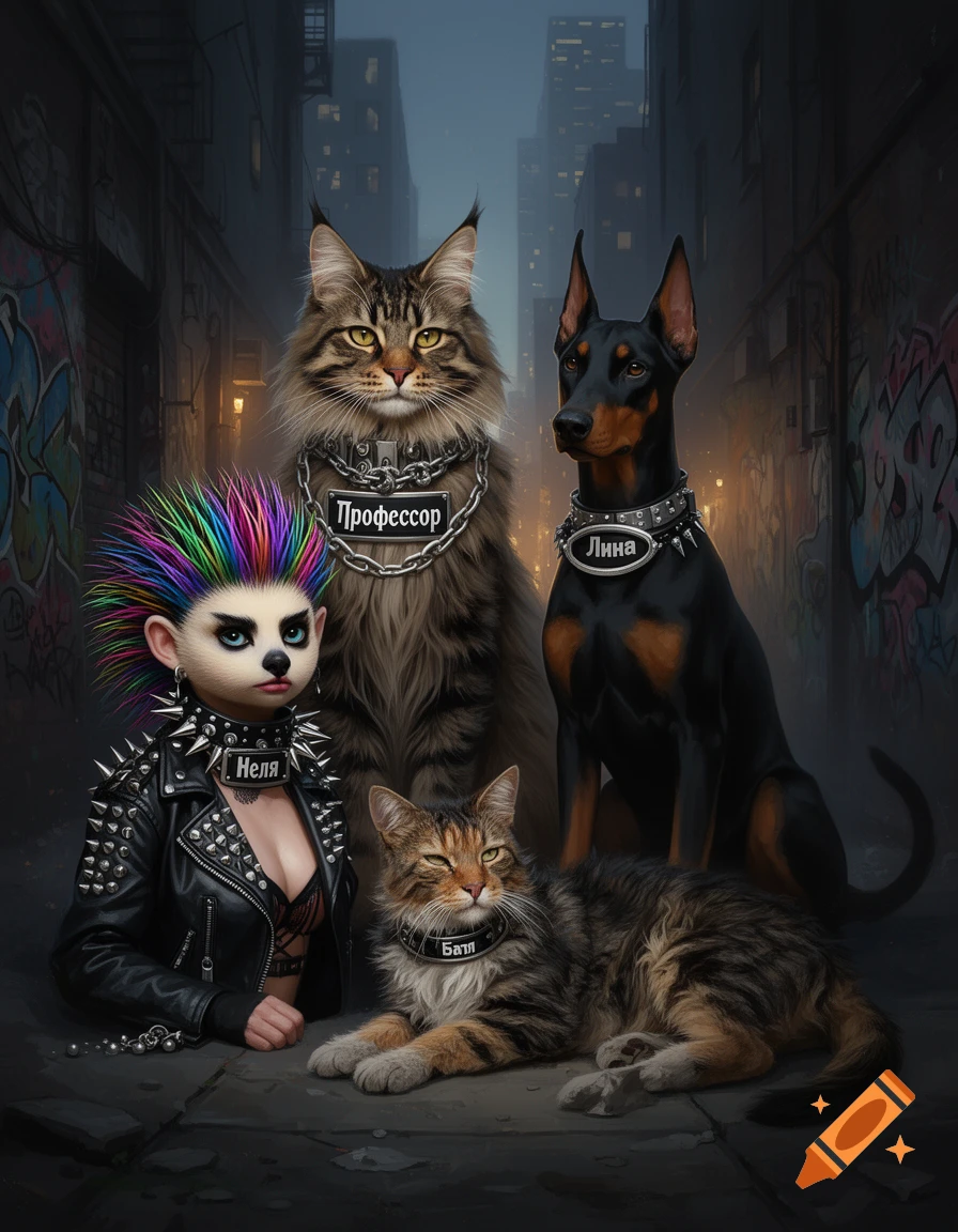 Four anthropomorphic punk animals: a Maine Coon, Doberman, hedgehog, and tabby cat, wearing name collars in a dark alley.