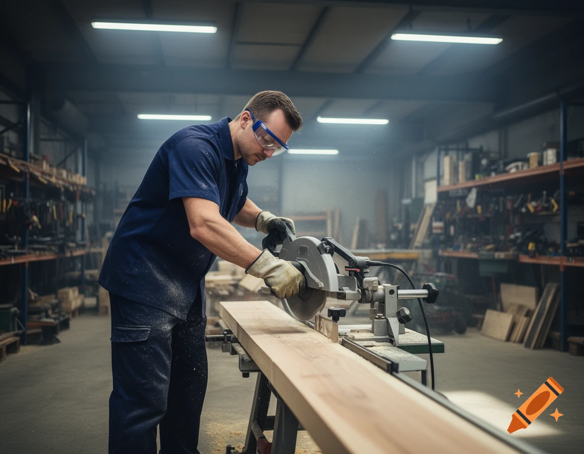 A man in a blue uniform, safety glasses, and gloves uses a miter saw to cut a wooden plank in a dusty workshop.