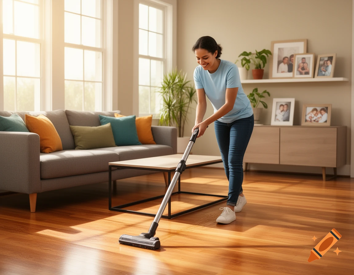 Smiling woman vacuuming a sunlit living room with a couch, coffee table, and framed photos on a shelf.