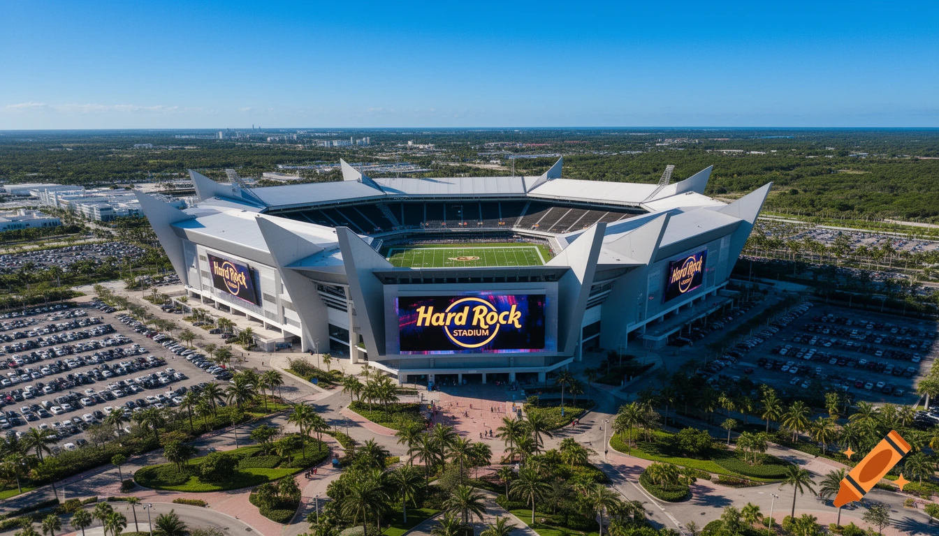 Aerial view of Hard Rock Stadium with its distinctive architecture, large screens, parking lots, and palm trees under a clear blue sky.