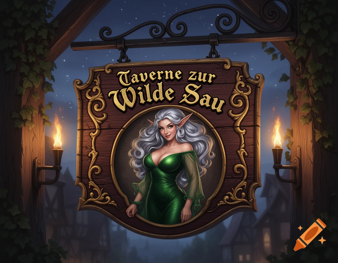 A detailed fantasy tavern sign made of wood with gold trim, featuring an elf woman with silver hair in a green dress and the text "Taverne zur Wilde Sau".